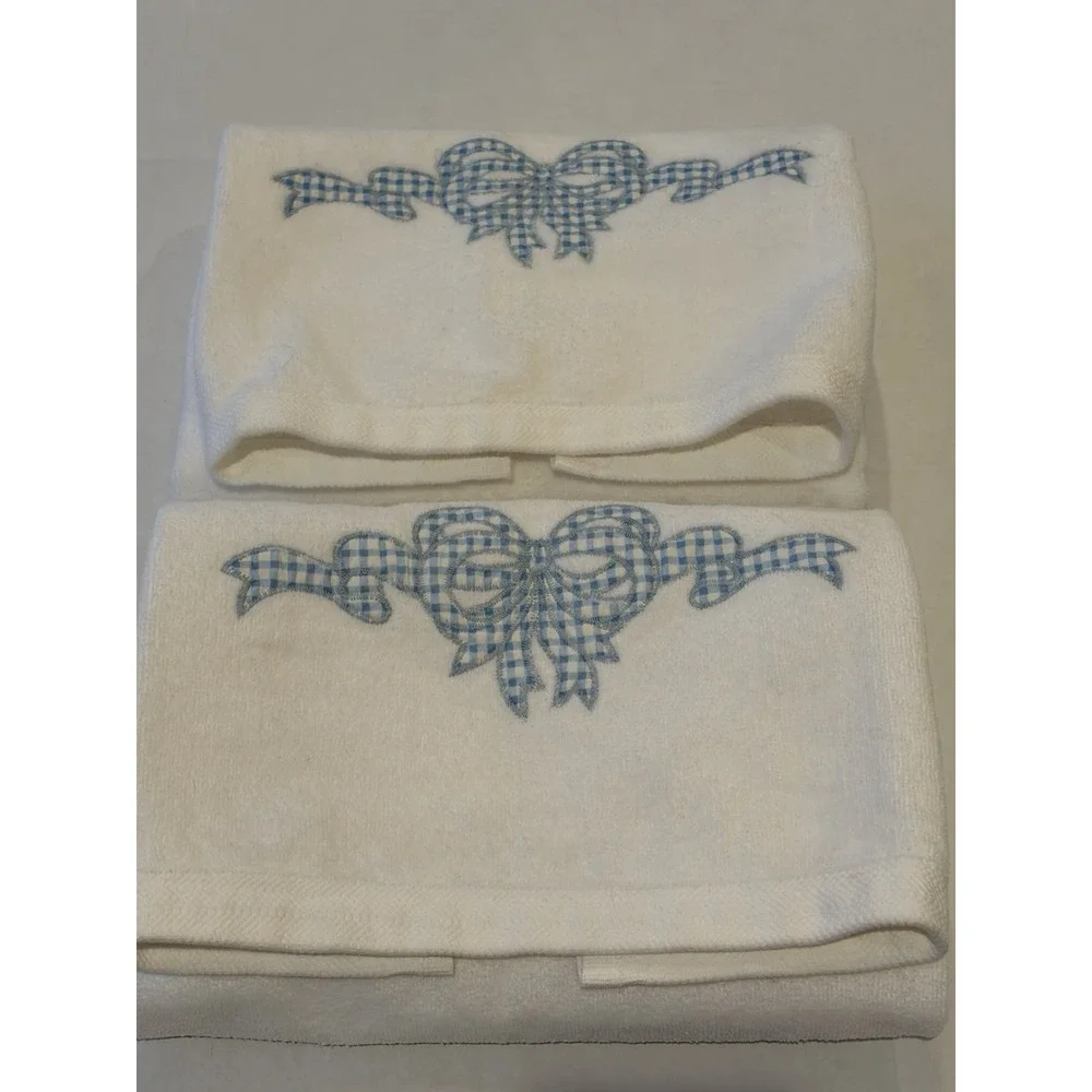 Vintage Grand Prix by Avanti Blue Gingham Bow Bath Towels Set of‎ 2 USA